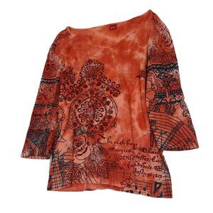 Glima Top Size L Orange Acid Wash Grunge Fairy Y2K Renaissance Script Rose Indie